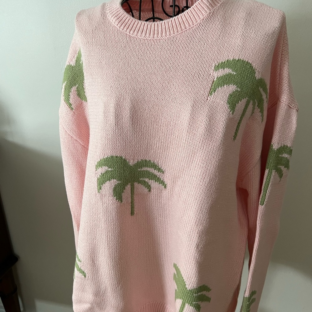 MUMU cotton pink with green palm tree long sweater
